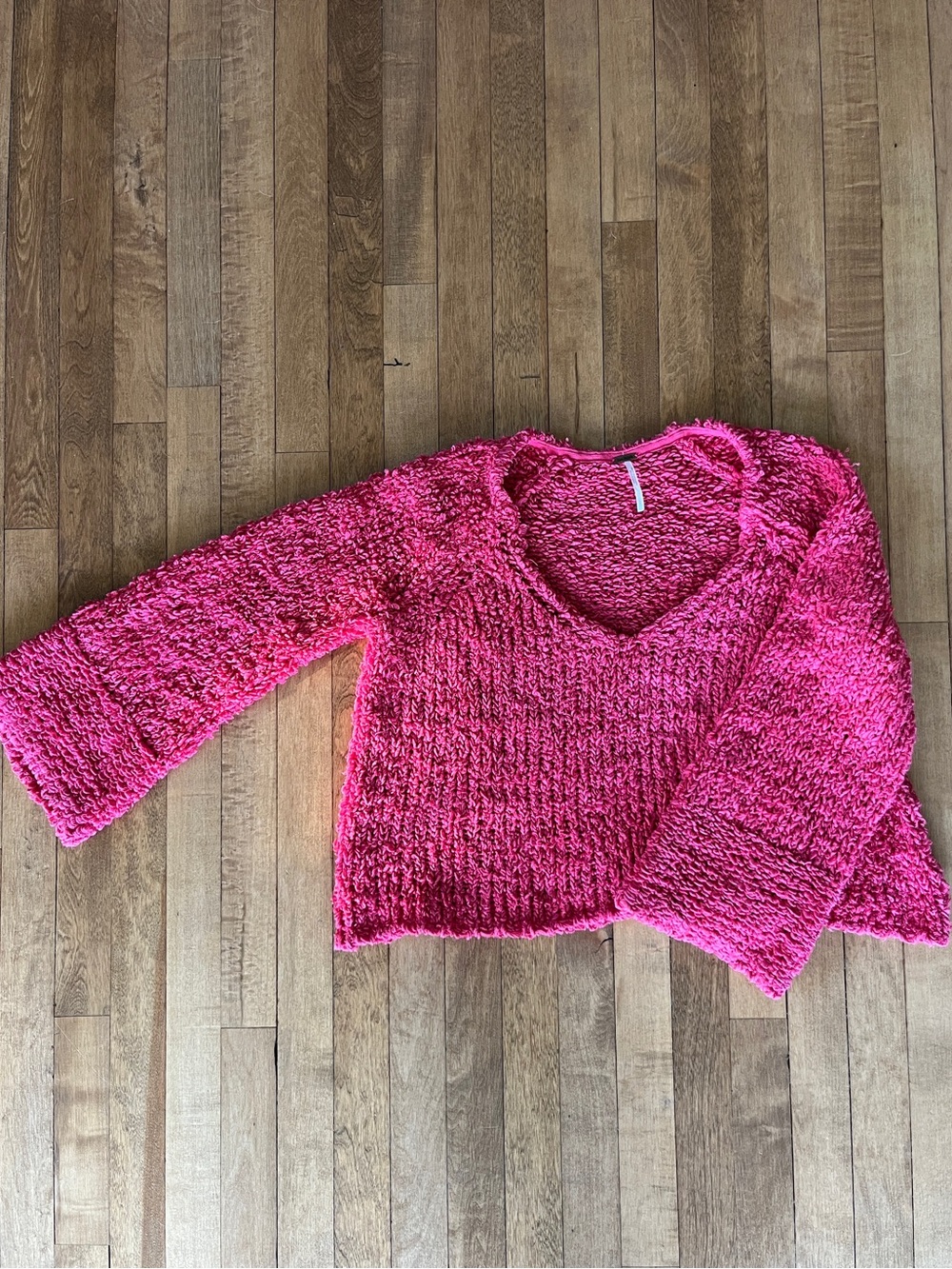 Free People Vibrant Pink V-Neck Chunky Knit Sweater